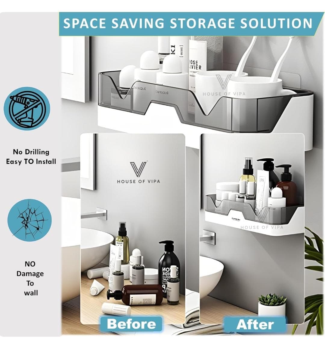 House of VIPA Wall Mounted Bathroom Shelf Organizer | 2 Tier Plastic Bathroom Rack with 4 Hooks | No Drill Adhesive Bathroom Accessories