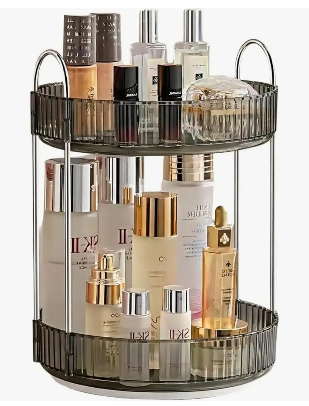 Lazer 360° Rotating Makeup Organizer – 2 Tier Grey Vanity Storage for Dressing Table, Lipsticks, Nail Polishes, Skincare, Perfume & Cosmetics