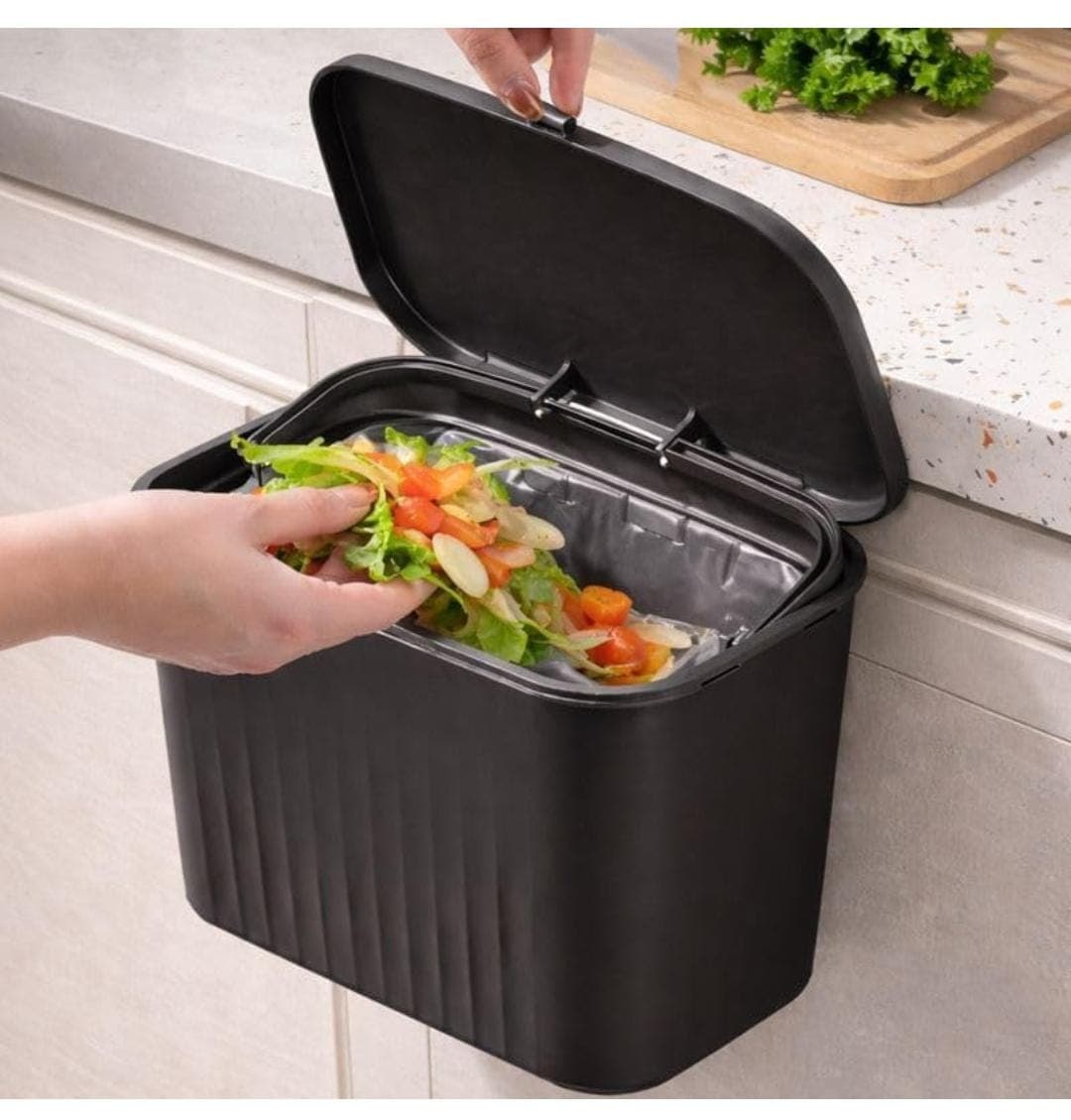 Heart Touch Collection Leawall 7L Plastic Hanging Kitchen Trash Can with Lid | Cabinet Door & Wall Mounted Garbage Bin | Gray
