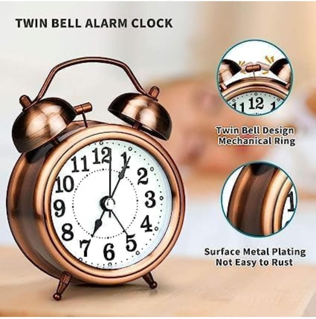 Heart Touch Collection Vintage Brass Twin Bell Table Top Alarm Clock with LED Night Light Display – Copper